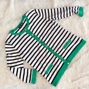 3/4 Sleeve Sweater Black & White Stripes w/ Green